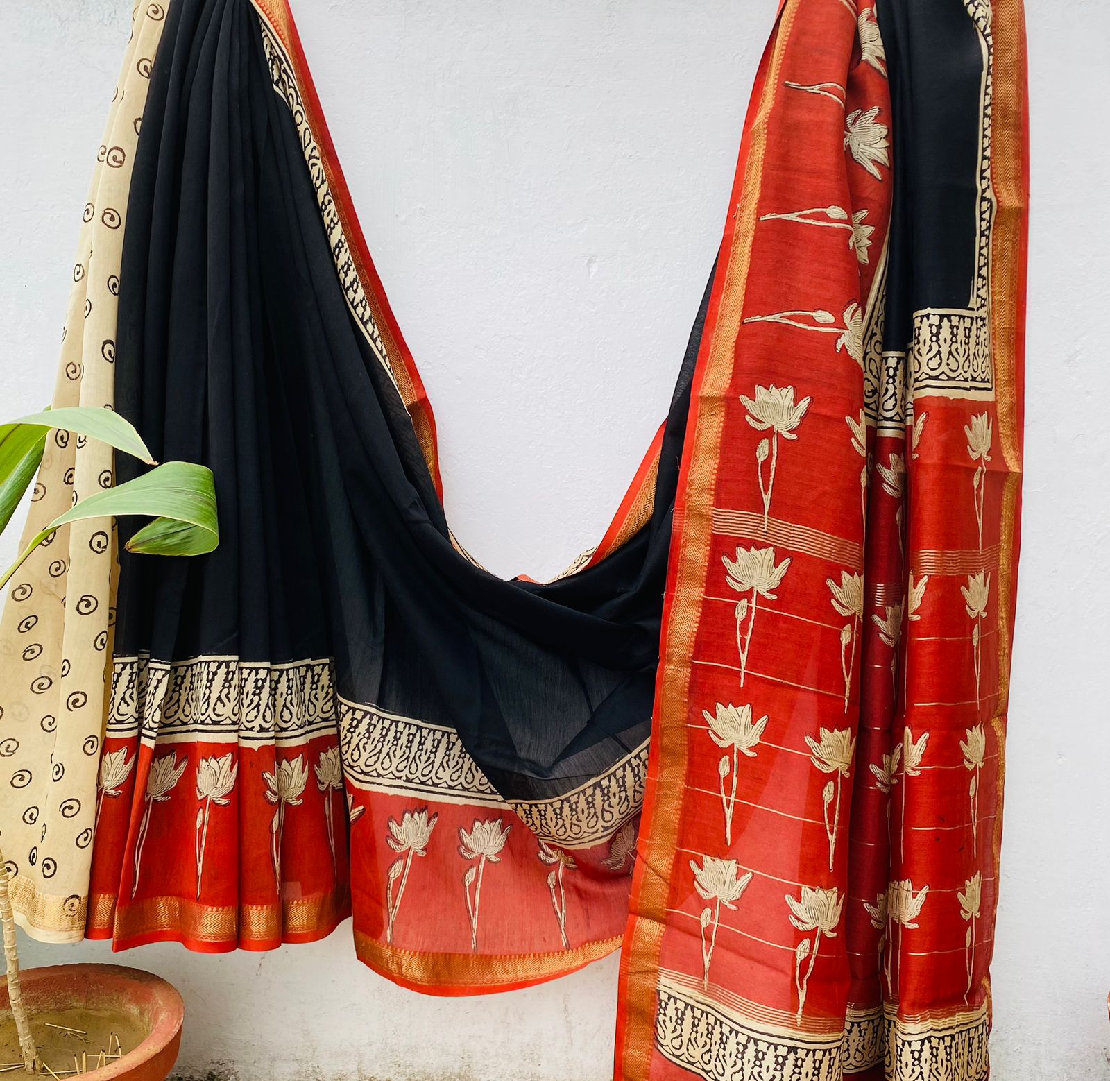 Maheshwari silk saree wholesale, hand block printed black red, pure silk saree by Fabtexs